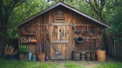 Rustic Wooden Shed Filled with Garden Tools