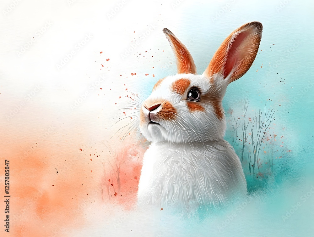 Poster whimsical and ethereal watercolor of a rabbit in a dreamlike abstract forest setting with soft paste
