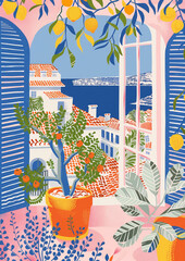 illustration of a summer Mediterranean window poster
