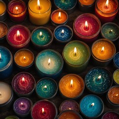 A collection of handmade, artisanal candles in different shapes and colors.

