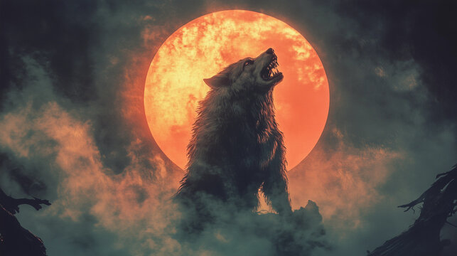 Wolf shapeshifter in a haze howls against a red sun.  Dark Fantasy.