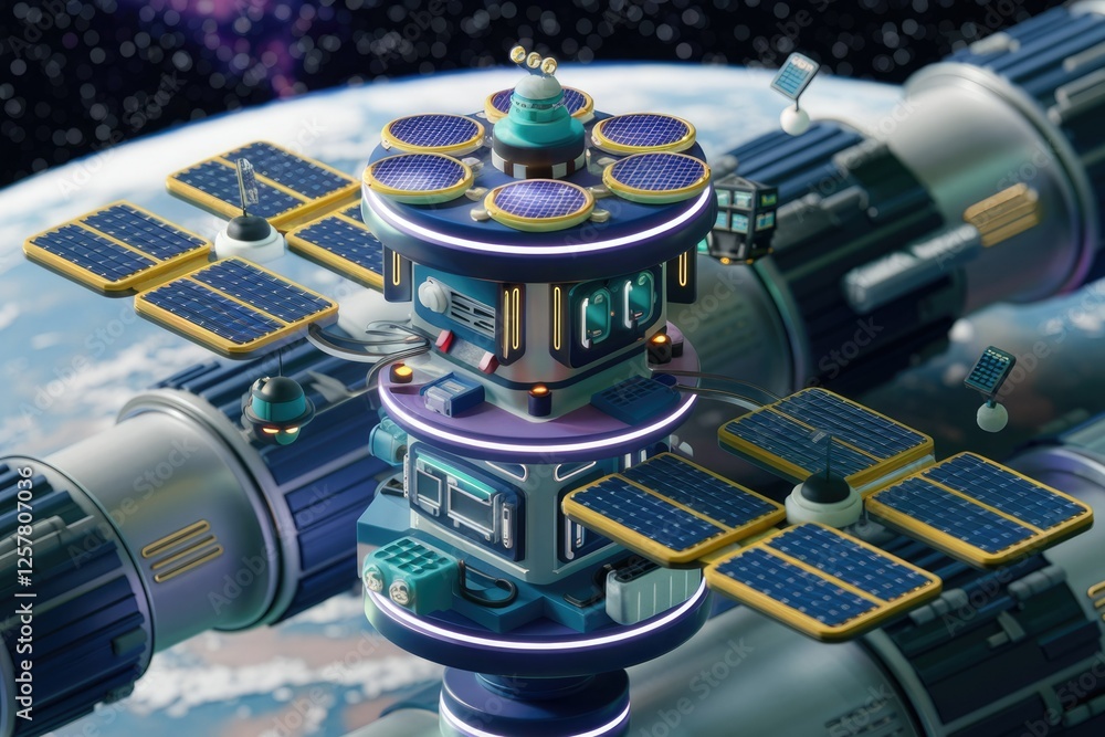Poster a stylized 3d rendering of a futuristic space station orbiting earth, showcasing advanced solar pane
