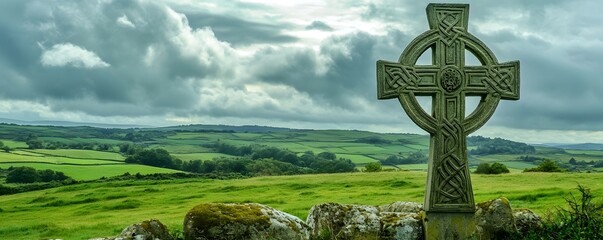 A Celtic cross against a backdrop of rolling green hills and a cloudy sky