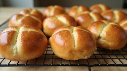 Golden baked cross buns cooling on a wire rack after being freshly made in a cozy kitchen