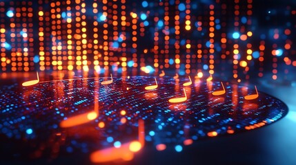 Obraz premium Vibrant digital music notes floating over a glowing circuit board with colorful lights