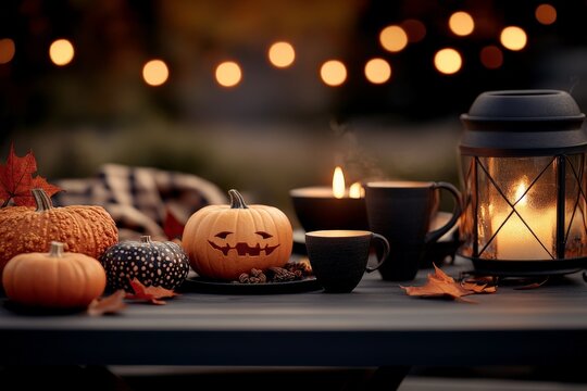 Cozy autumn setting with carved pumpkins, candles, and warm drinks in a softly lit outdoor space