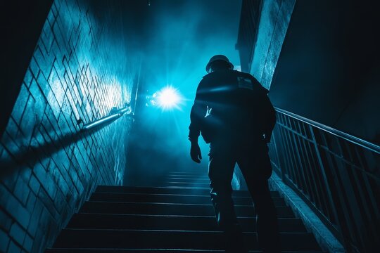 Security Guard Searching On Stairway With Flashlight, 