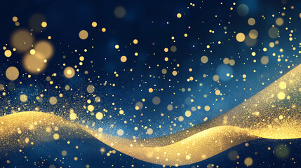 Golden glitter particles and shimmering waves in a dark blue background, symbolizing elegance, celebration, and luxury. The image evokes festive and magical moments.