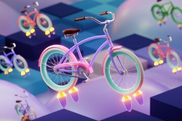 Fototapeta premium A pastel-colored bicycle with jet engines, flying amidst colorful geometric shapes.
