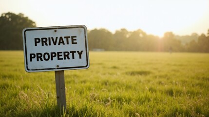 Sign indicating private property in a rural area during sunset with lush green grass and trees in the background