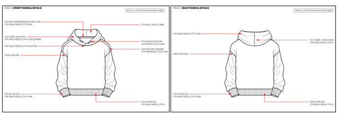 Drop Shoulder Hoodie Fashion Design Technical Tech Pack. 