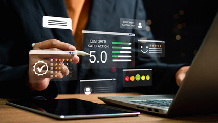 Customer review satisfaction feedback survey concept, User give rating to service experience on online application, comment and feedback review for quality, Business reputation ranking from buyers