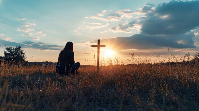 Kneeling woman in prayer near wooden cross at sunset in serene grassy field