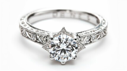 A vintage diamond engagement ring with a detailed filigree band, isolated on white. The sparkling diamond and engraved metal create luxury.