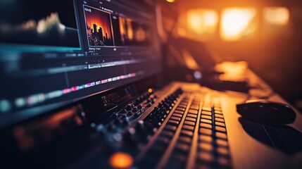 Video editing on laptop.