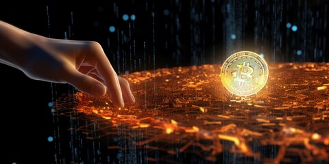 Reaching for the Future of Finance: A Hand Grasps a Bitcoin on a Digital Landscape