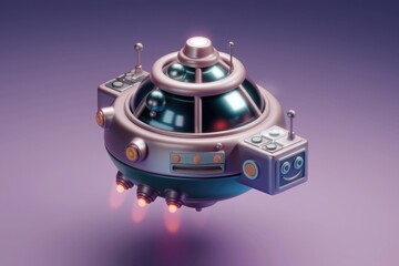 Fototapeta premium A cute, cartoonish spaceship with a happy face, hovering gently on a purple background.