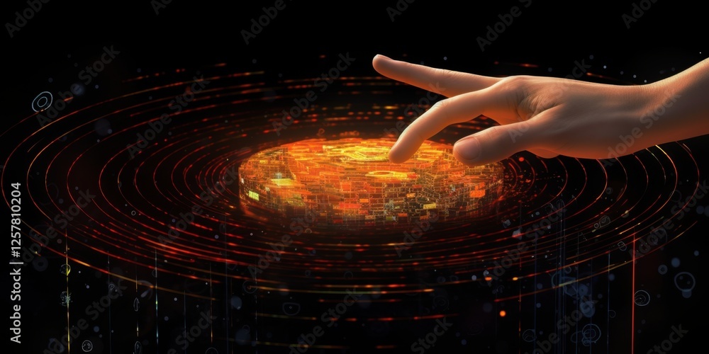 Poster exploring digital worlds a hand interacting with a futuristic 3d holographic interface