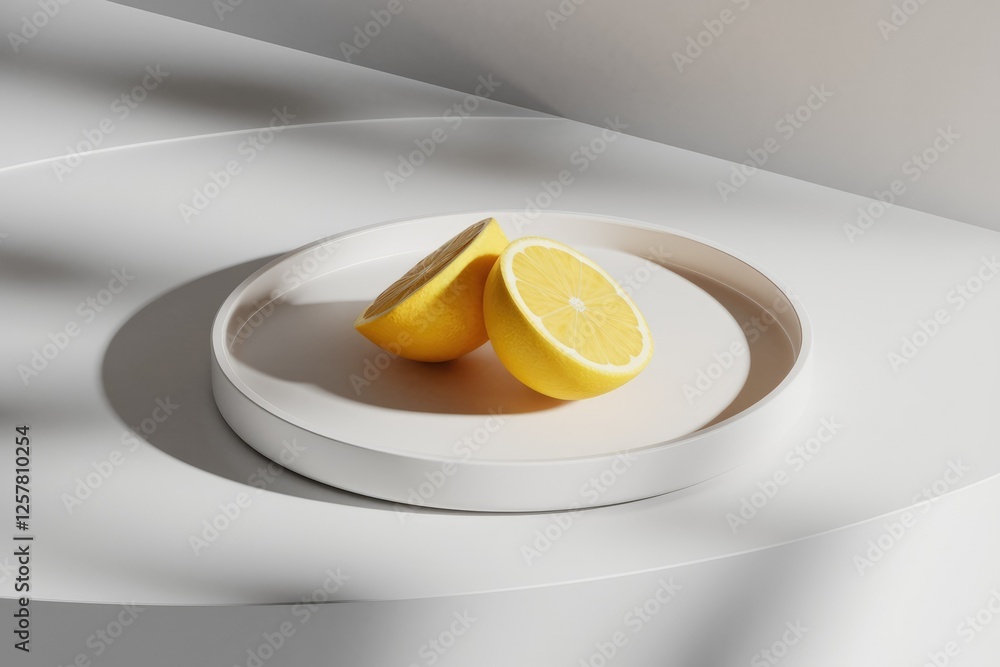Poster two lemon halves rest on a minimalist white tray, bathed in soft sunlight.