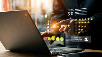 Customer review satisfaction feedback survey concept, User give rating to service experience on online application, comment and feedback review for quality, Business reputation ranking from buyers
