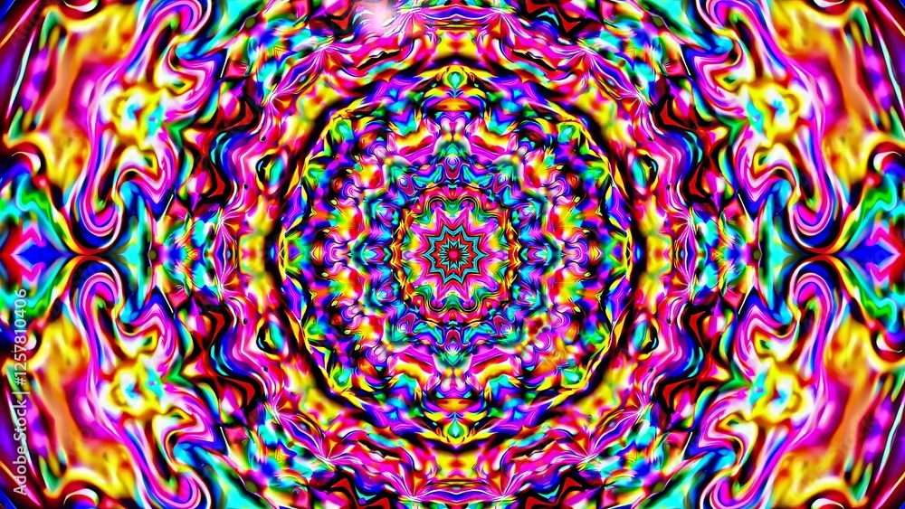 Poster vibrant and swirling colors merge in a kaleidoscopic mandala pattern, creating a mesmerizing visual 