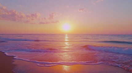 Fototapeta premium Pink sunrise over ocean beach; waves gently lapping shore; peaceful morning scene; travel postcard