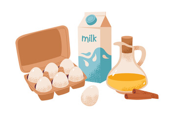 A cozy flat vector illustration of homemade baking ingredients, eggs, milk, and cinnamon.