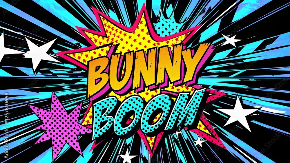 Poster bunny boom message bursting forth with vibrant stars and dynamic speed lines, creating an energetic 