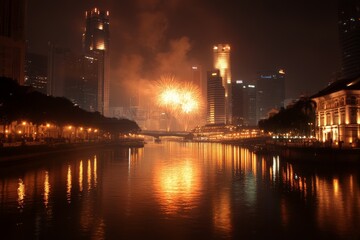 Spectacular fireworks light up the skyline of a bustling city during a vibrant nighttime celebration by the river