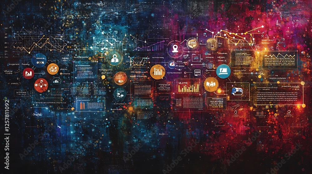Poster abstract digital data visualization on a textured background. vibrant colors and interconnected node