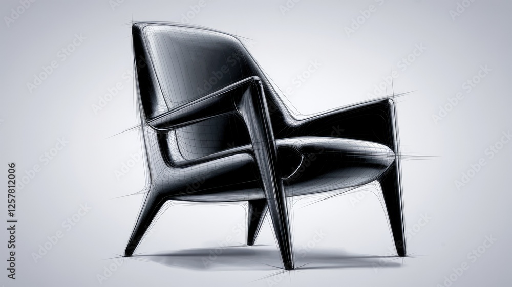 Poster sketch of a modern, sleek armchair with a curved design and minimalist aesthetic.