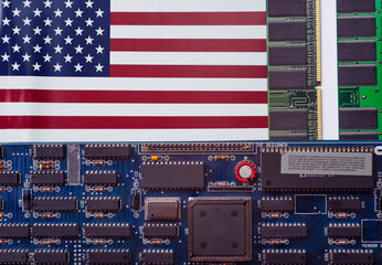 Concept of China and US trade war. AI, chips, microelectronics in USA. US flag near microprocessor...