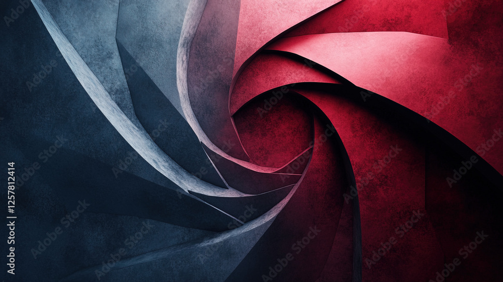 Poster swirling abstract shapes in red and blue tones create depth and intrigue in this artistic design