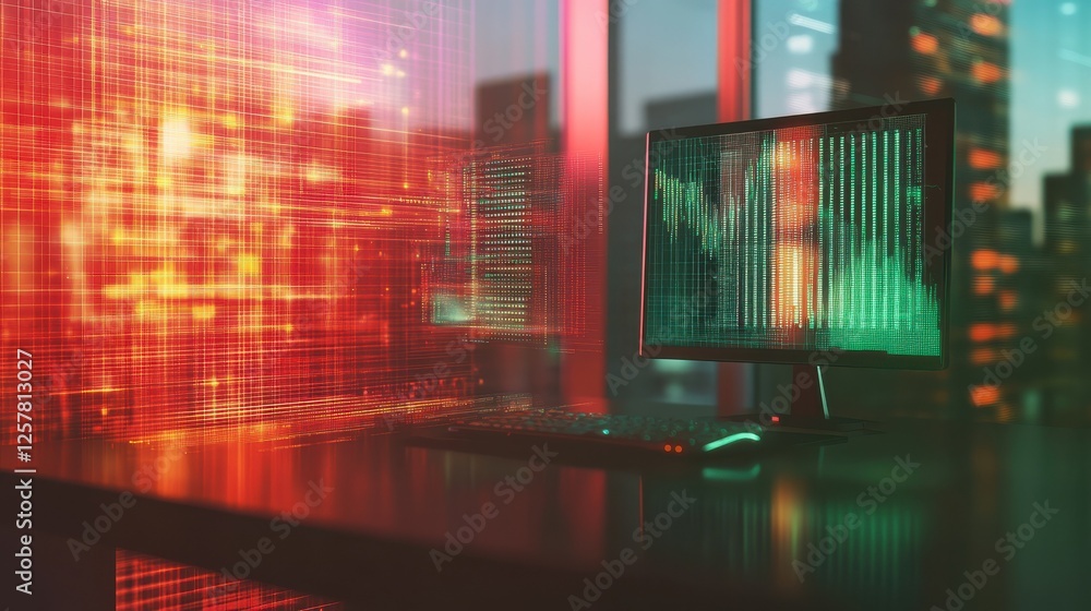 Poster close up of workspace with computer monitor and abstract glowing business chart on blurry grid backg