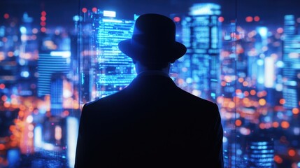 Businessman silhouette with business report hologram on city background. Business and financial success concept. Close up