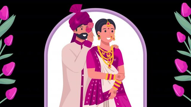 Show a Gujarati wedding in vector animation. Characters celebrate the wedding with sangeet performances, Varmala ceremony, and vibrant cultural dances in a scalable, clean design.