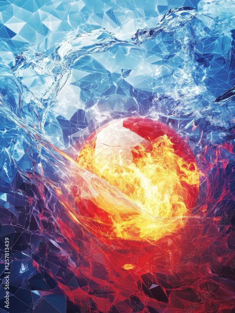 Poster baseball ball on fire and water with lightening around on abstract polygonal background. horizontal 