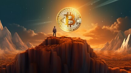 Bitcoin Future: A Man Contemplates Cryptocurrency's Rise on a Mountaintop