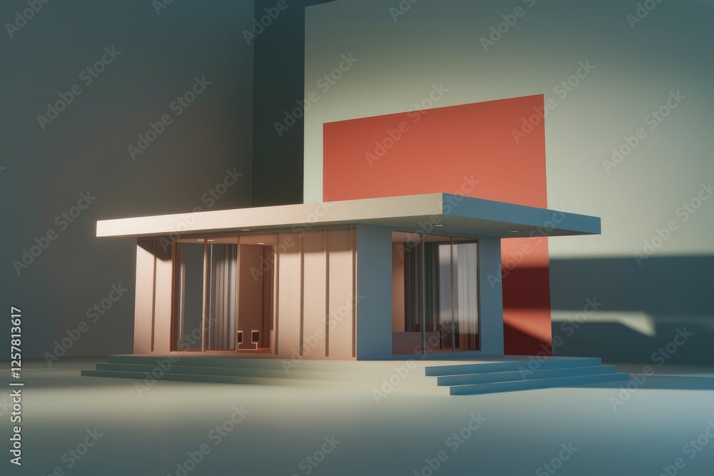 Poster Minimalist modern house design with large windows and a muted color palette.