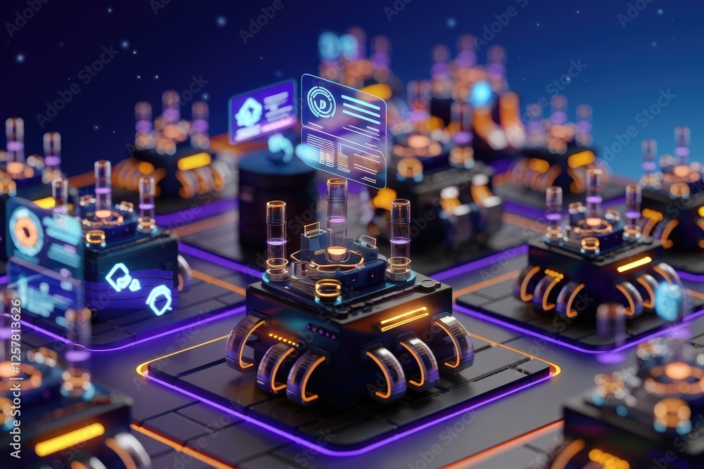 Poster Futuristic automated laboratory with glowing robotic systems processing data and samples.