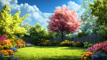Colorful Flower Garden with Bright Trees and Clear Blue Sky

