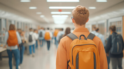 Student with backpack navigating busy school hallway, capturing the energy of academic life, education, and bustling campus activity.