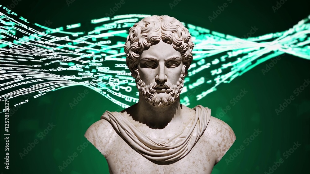 Poster marble bust of a roman emperor emerging from a flowing stream of green digital binary code, merging 