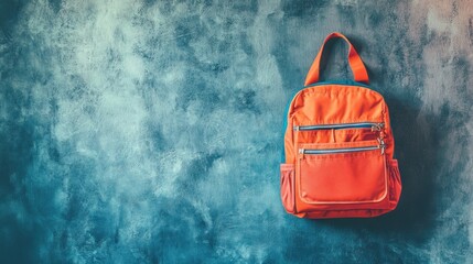 Orange backpack against textured wall; back to school