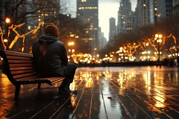 Fototapeta premium Reflective evening stroll in a city park with lights and rain