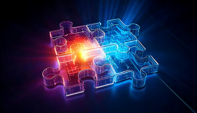 Stunning abstract image of glowing, interconnected puzzle pieces. Perfect for illustrating concepts of connection, technology, solutions, and teamwork.