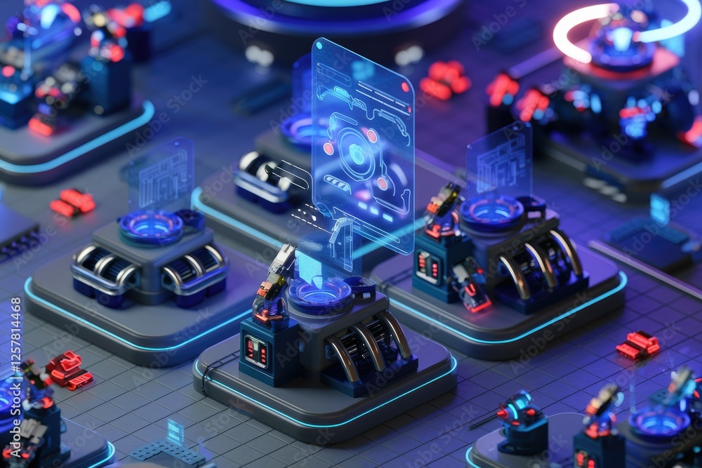 Poster Futuristic robotic factory with holographic displays, showcasing advanced automation and technology.