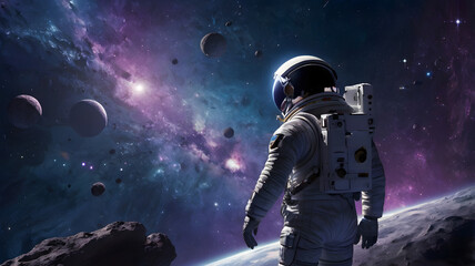 A vast purple-blue galaxy with countless stars, a massive sunlit planet, drifting asteroids, and an astronaut in a sleek metallic blue suit floating weightlessly in space.
