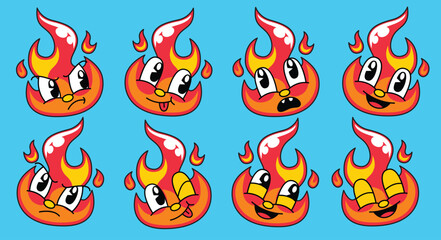 Set of cute fire cartoon character illustration