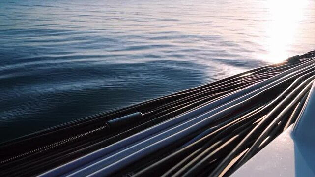 Several cables lie on the white surface of a boat, gently rocking with the movement of the waves at sunset, creating a peaceful and mesmerizing scene